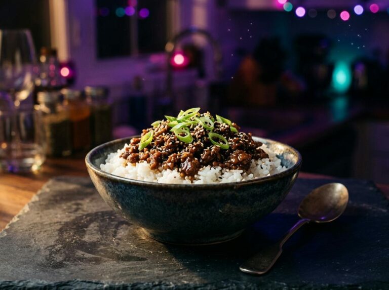 A bowl of white rice topped with glossy sweet soy ground beef, sliced green onions and sesame seeds