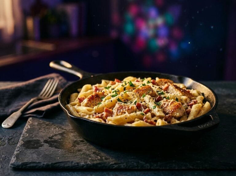 A skillet of creamy bacon chicken penne pasta with parmesan and chopped parsley