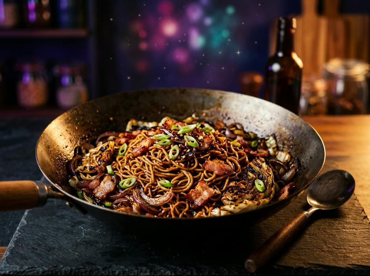 Crispy pan fried egg noodles with bacon pieces, charred cabbage and onion glistening with soy sauce in a wok