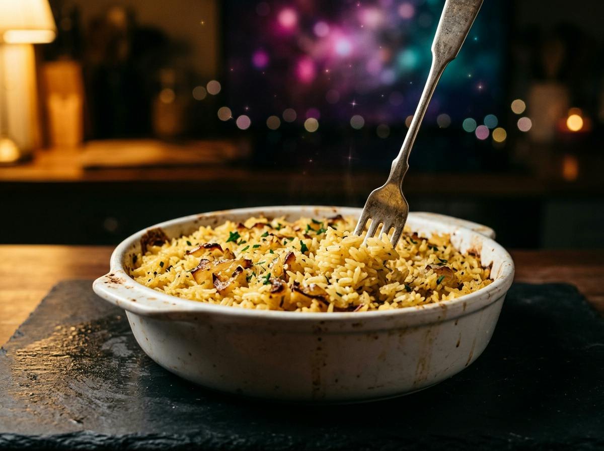 Fluffy golden baked rice pilaf with flecks of onion in a white baking dish, fork fluffing the grains