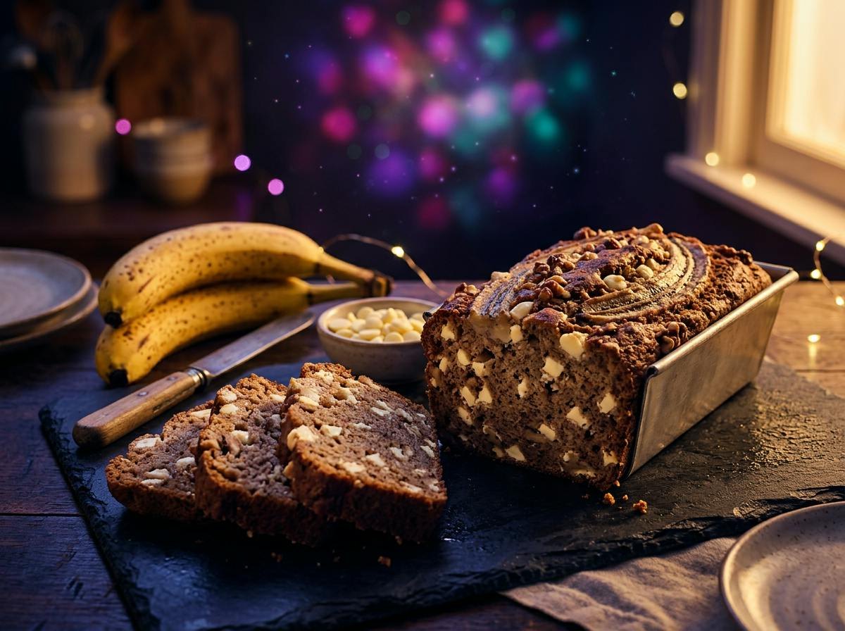 A loaf of moist banana bread studded with white chocolate chips, a few thick slices cut, ripe bananas beside it