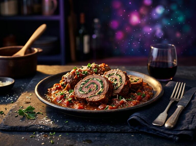 Sliced Italian braciole rolls showing a spiral of parsley and cheese filling, in a rich tomato sauce