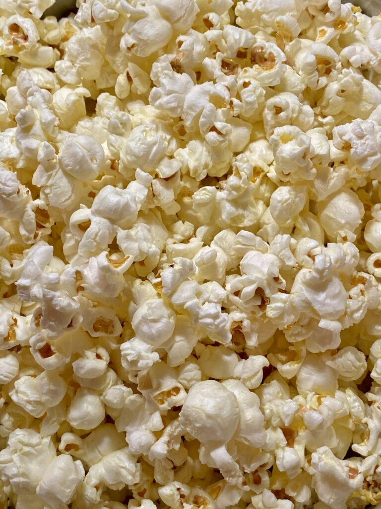 A close-up of fluffy white popcorn