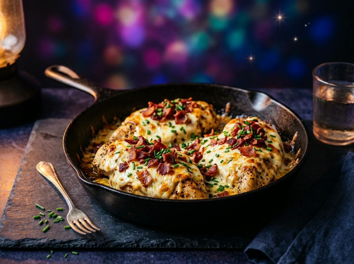 Skillet chicken breasts smothered in melted bubbly mozzarella, topped with crumbled crispy bacon and chopped chives