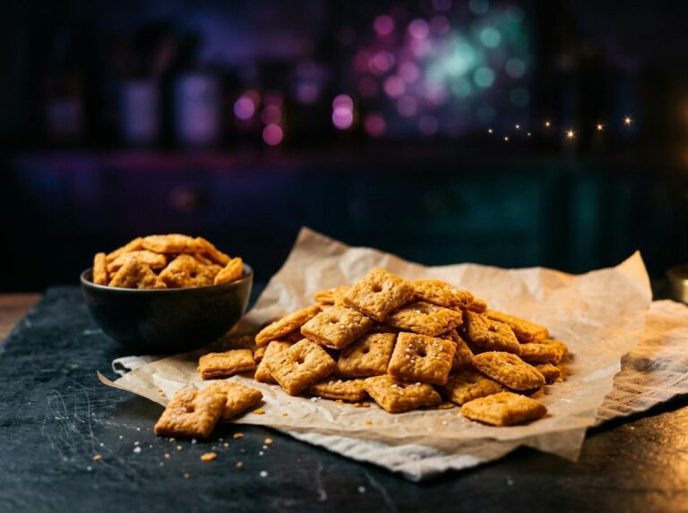 A pile of homemade orange cheddar cheese crackers with docked holes on parchment, a bowl of them beside