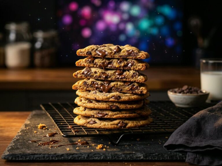 A stack of thin golden chocolate chip cookies with crisp edges and melty semisweet chips on a cooling rack