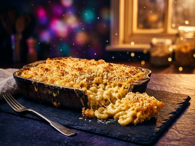 A baking dish of baked macaroni and cheese with a golden crispy panko crust, a creamy scoop pulled out