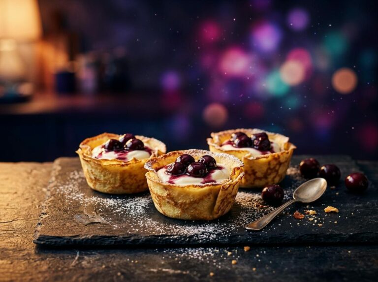 Baked crepe blintz cups filled with creamy vanilla yogurt and dark sweet cherries, dusted with powdered sugar