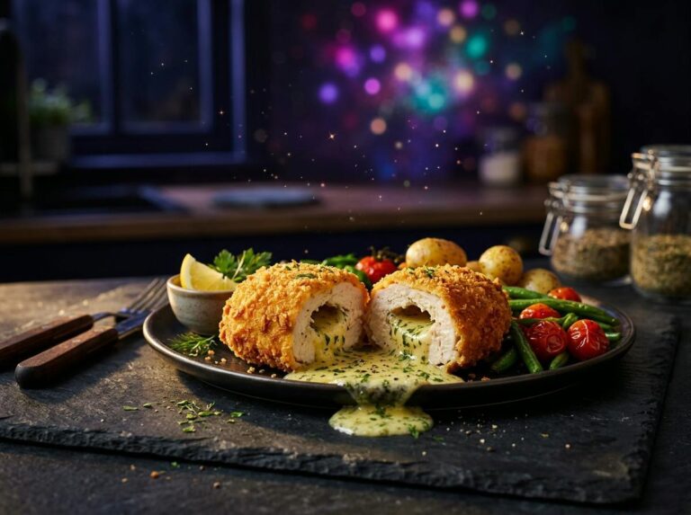 A golden panko-crusted chicken kiev cut open with melted garlic herb butter flowing out onto the plate