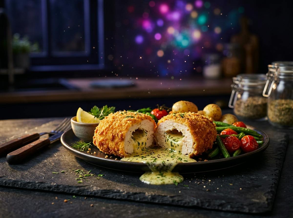 A golden panko-crusted chicken kiev cut open with melted garlic herb butter flowing out onto the plate