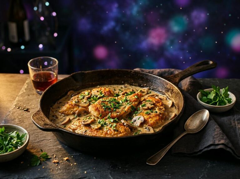 Golden chicken cutlets in a creamy mushroom marsala sauce in a skillet, garnished with parsley