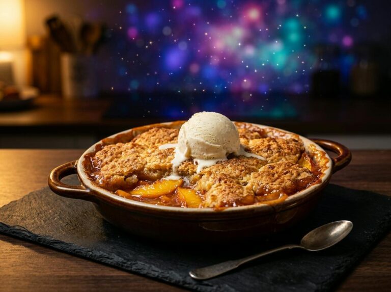 A golden crackly-topped peach cobbler in a round baking dish with juicy peach slices bubbling at the edges, scoop of vanilla ice cream