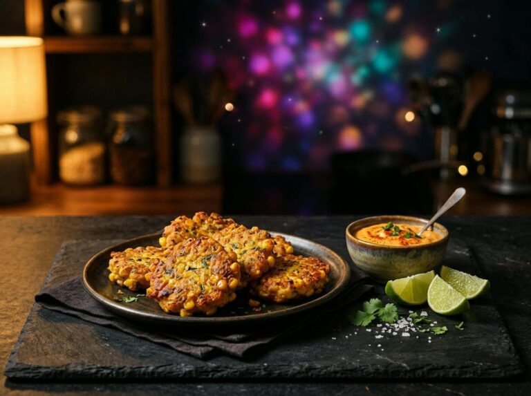 Crispy golden fresh corn fritters on a plate with a small bowl of orange chipotle lime mayo and lime wedges