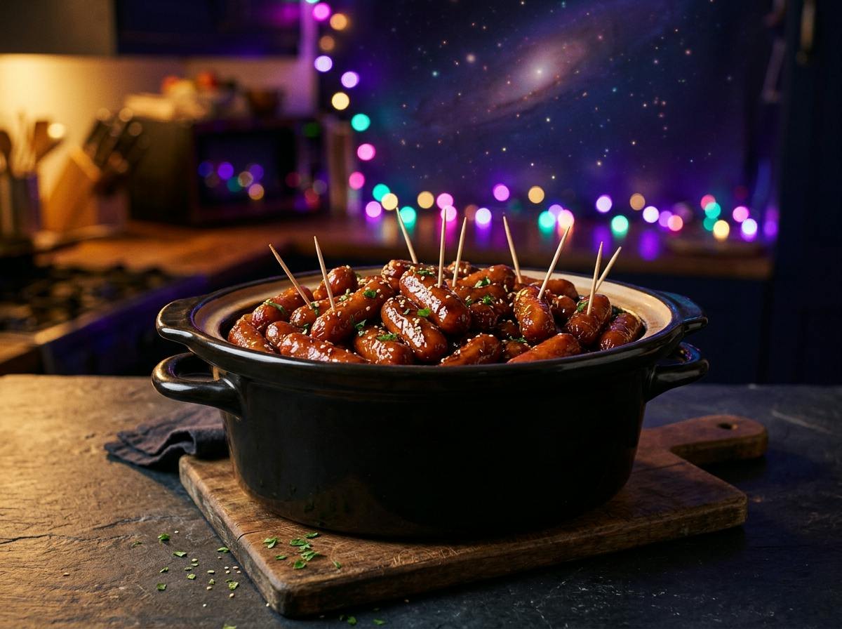 A slow cooker crock full of glossy honey garlic glazed little smokies cocktail sausages with toothpicks
