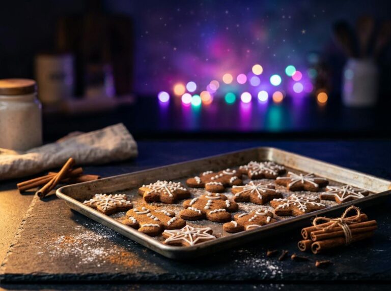 Decorated gingerbread men and star cookies with white royal icing on a baking sheet, cinnamon sticks