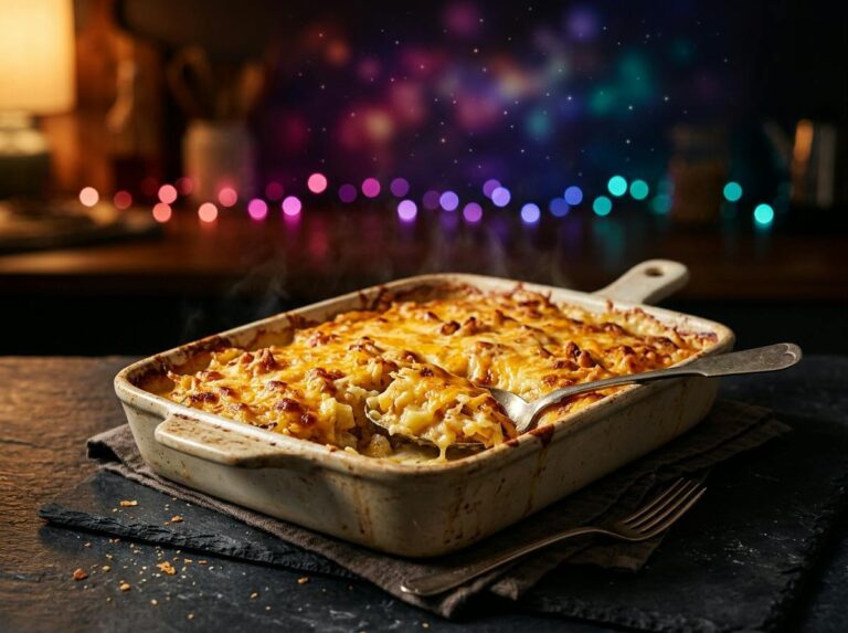 A golden, bubbling cheesy hash brown potato casserole in a baking dish with a serving scooped out