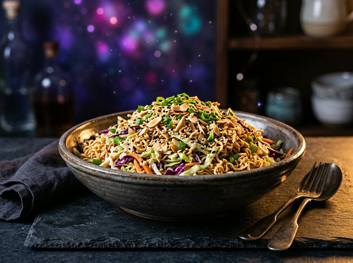 A big bowl of crunchy ramen noodle coleslaw with shredded cabbage, toasted slivered almonds, sesame seeds and green onions