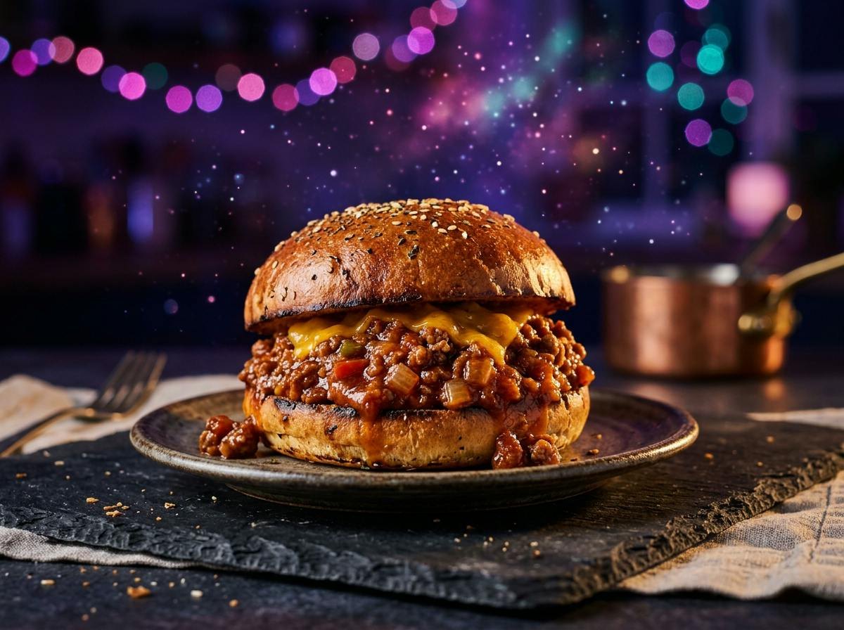 A saucy sloppy joe sandwich on a toasted hamburger bun on a plate