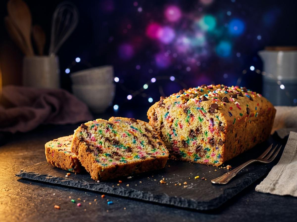 A loaf of ice cream bread sliced open, speckled with rainbow sprinkles and chocolate chips
