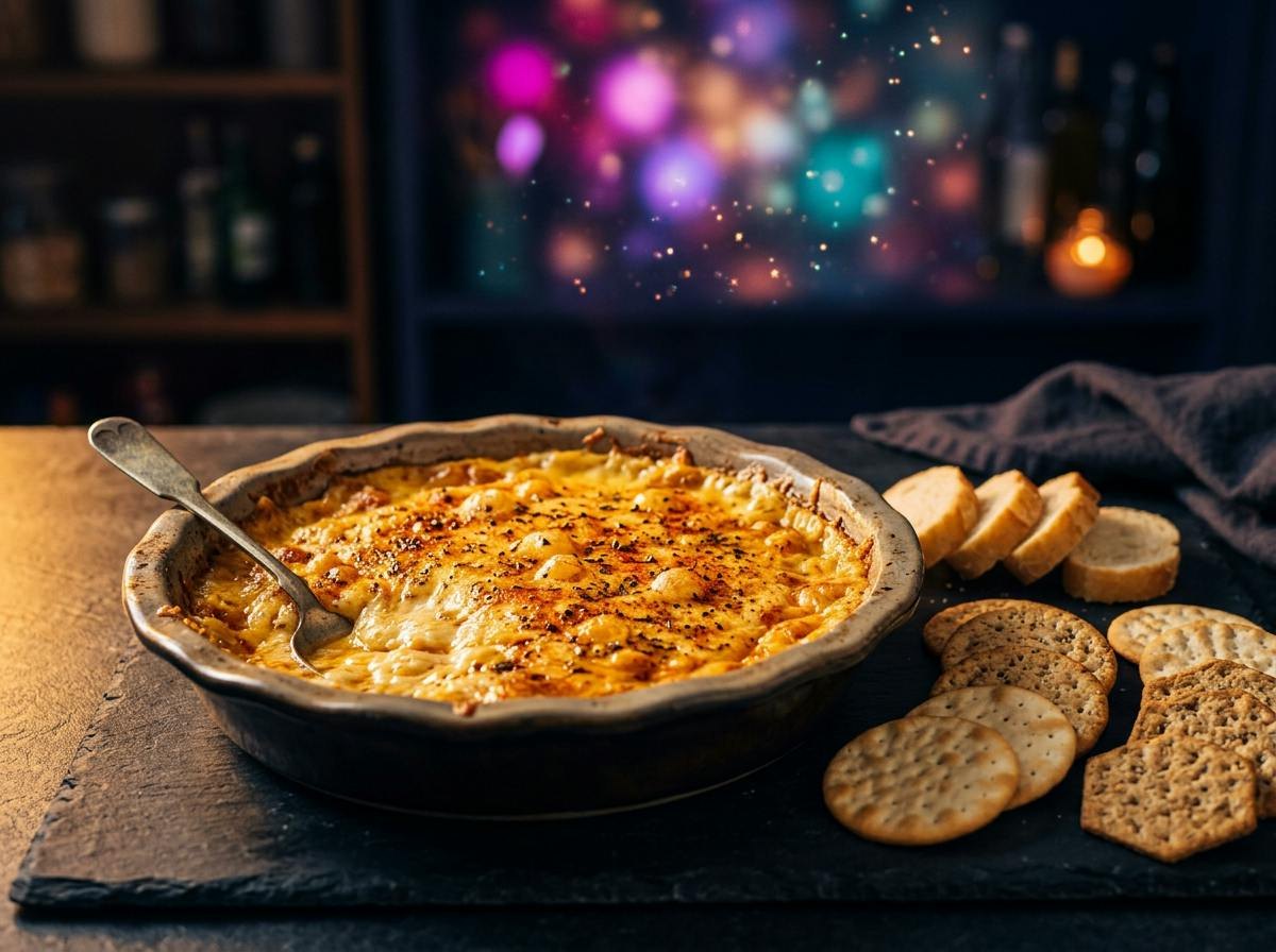 A hot bubbly golden baked Jarlsberg cheese dip in a pie dish dusted with paprika, crackers alongside