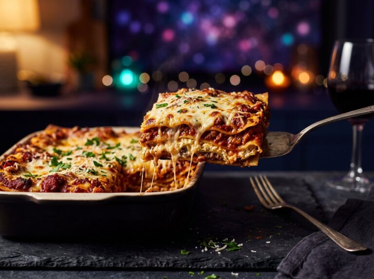 A square slice of classic ricotta and mozzarella lasagna with red sauce and melted cheese, lifted from a baking dish