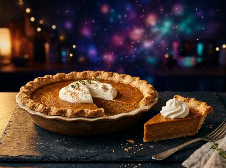 A classic pumpkin pie in a fluted deep-dish crust with a slice cut out and a dollop of whipped cream