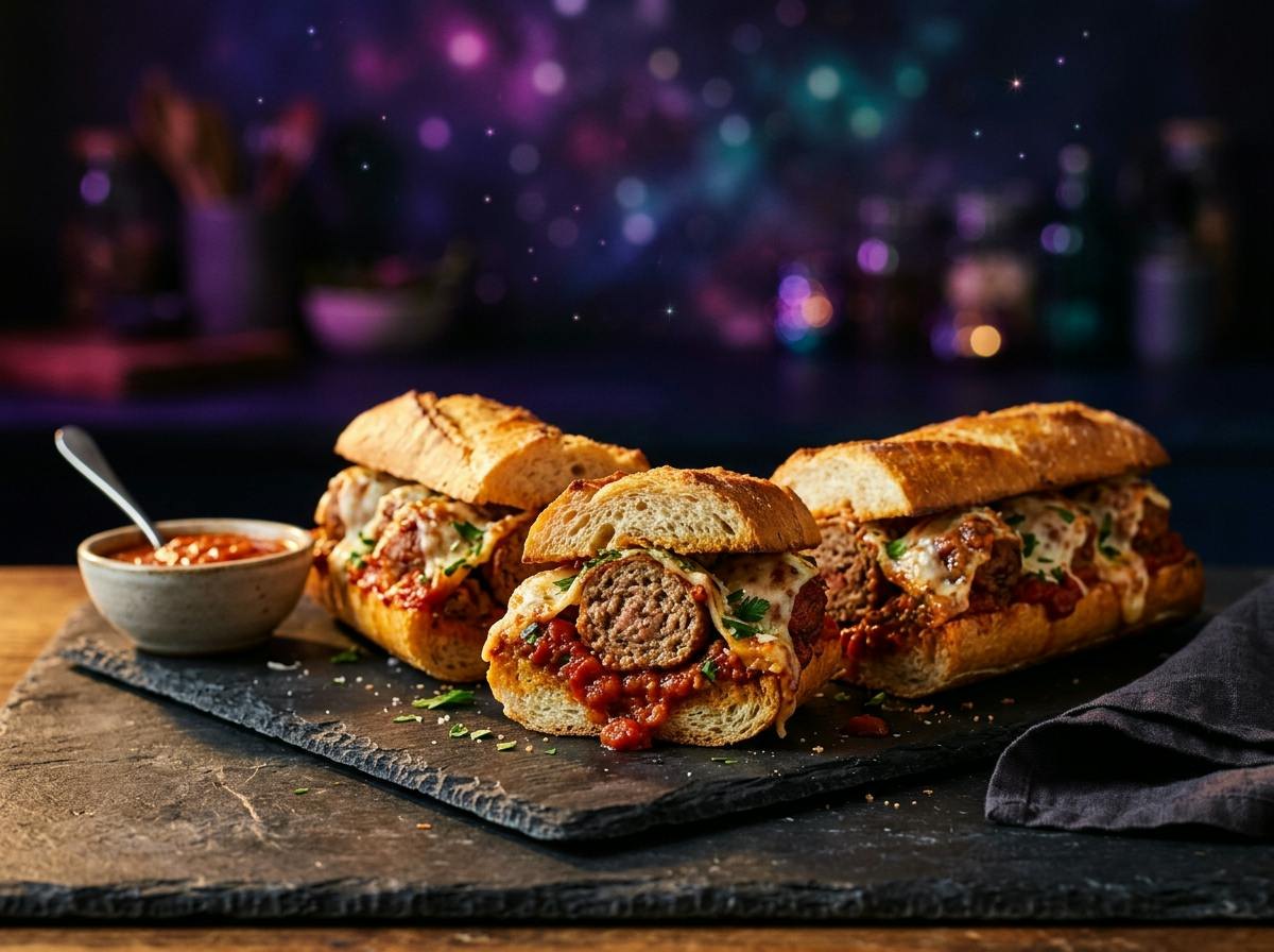 A toasted baguette meatball sub loaded with saucy meatballs and melted provolone, cut into sandwich portions