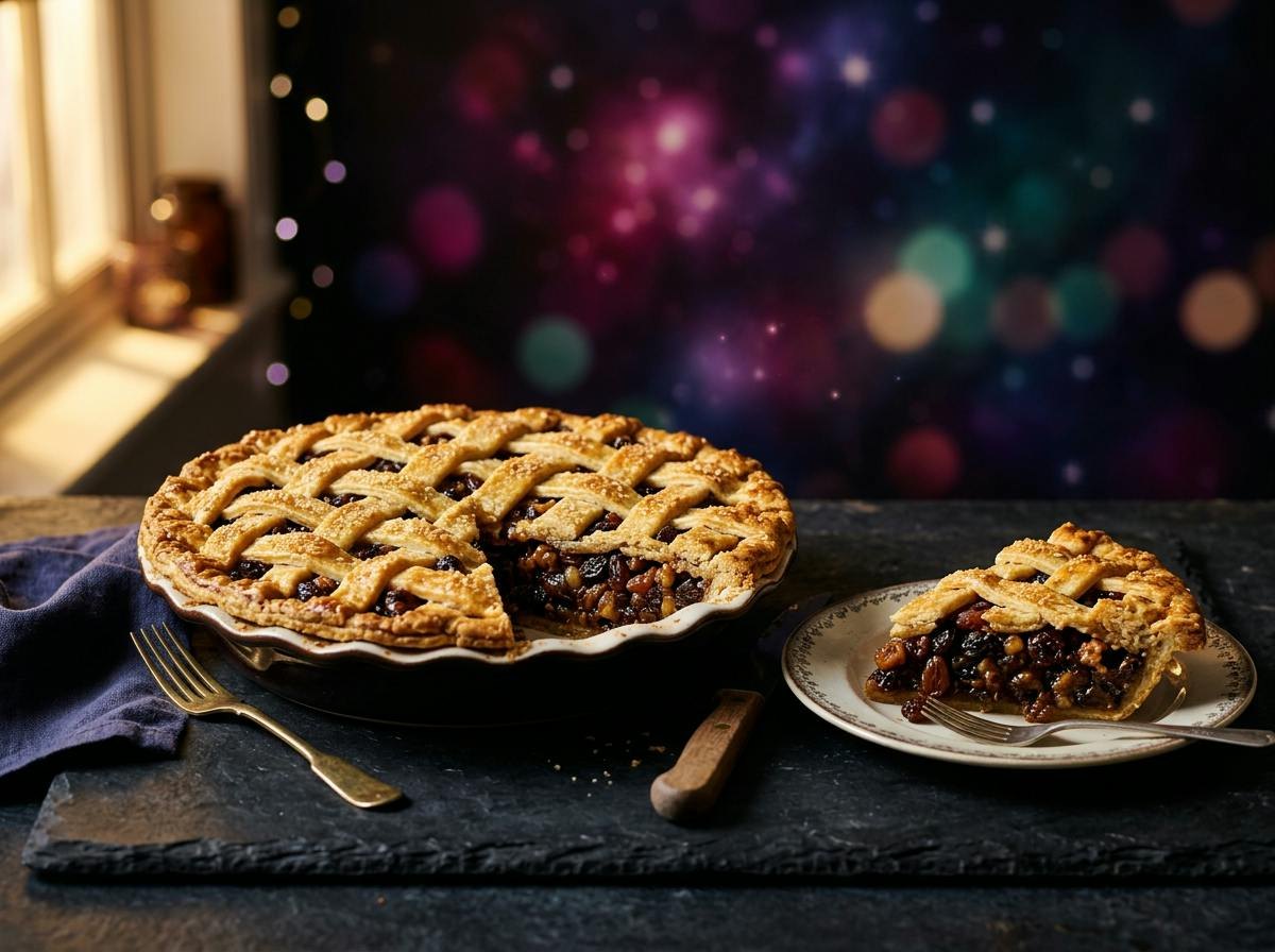 A golden lattice-top mincemeat pie with dark fruity walnut filling showing through, a slice cut out