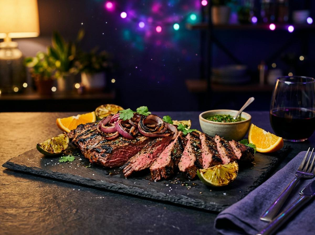 Sliced grilled mojo-marinated skirt steak with charred edges, grilled onions and lime and orange wedges
