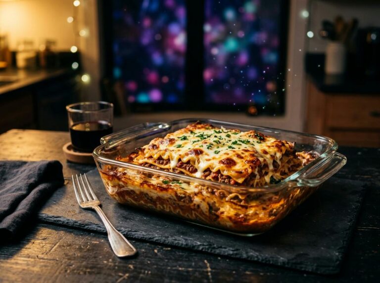 A hearty square of homestyle meat lasagna with melted mozzarella and layers of noodles in a glass baking dish