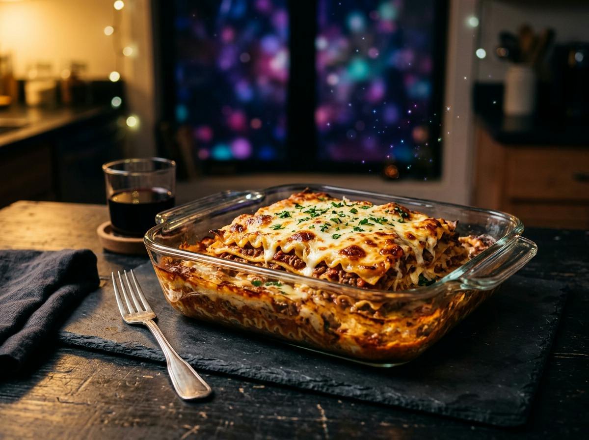 A hearty square of homestyle meat lasagna with melted mozzarella and layers of noodles in a glass baking dish