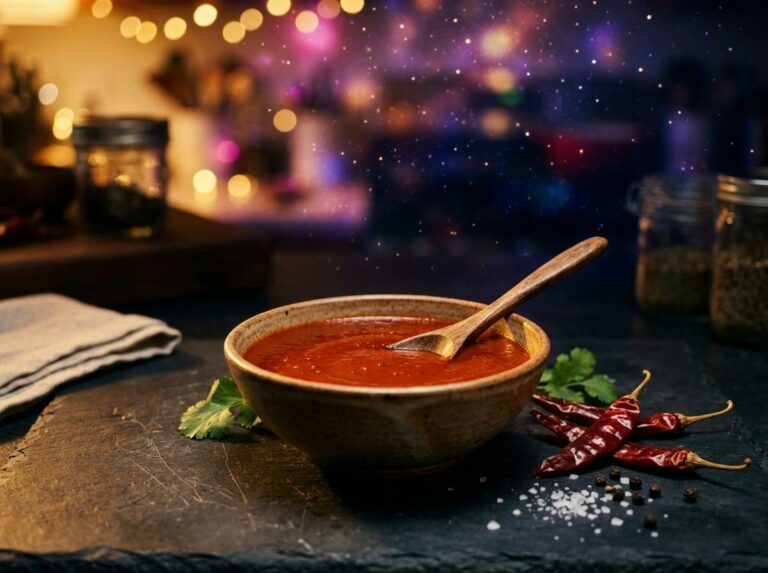 A rustic bowl of smooth brick-red New Mexico red chile sauce with a wooden spoon and dried red chiles nearby