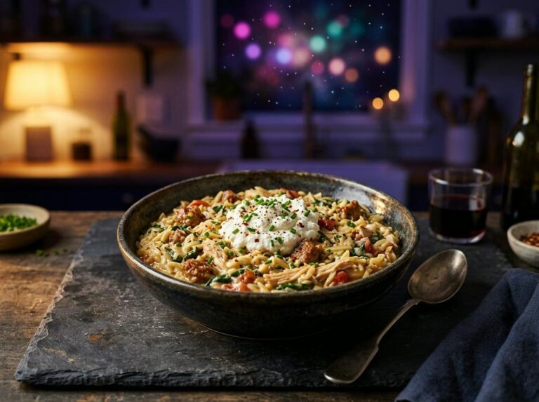 A bowl of creamy one-pot orzo with spicy Italian sausage, chicken, parmesan and a dollop of ricotta with chives