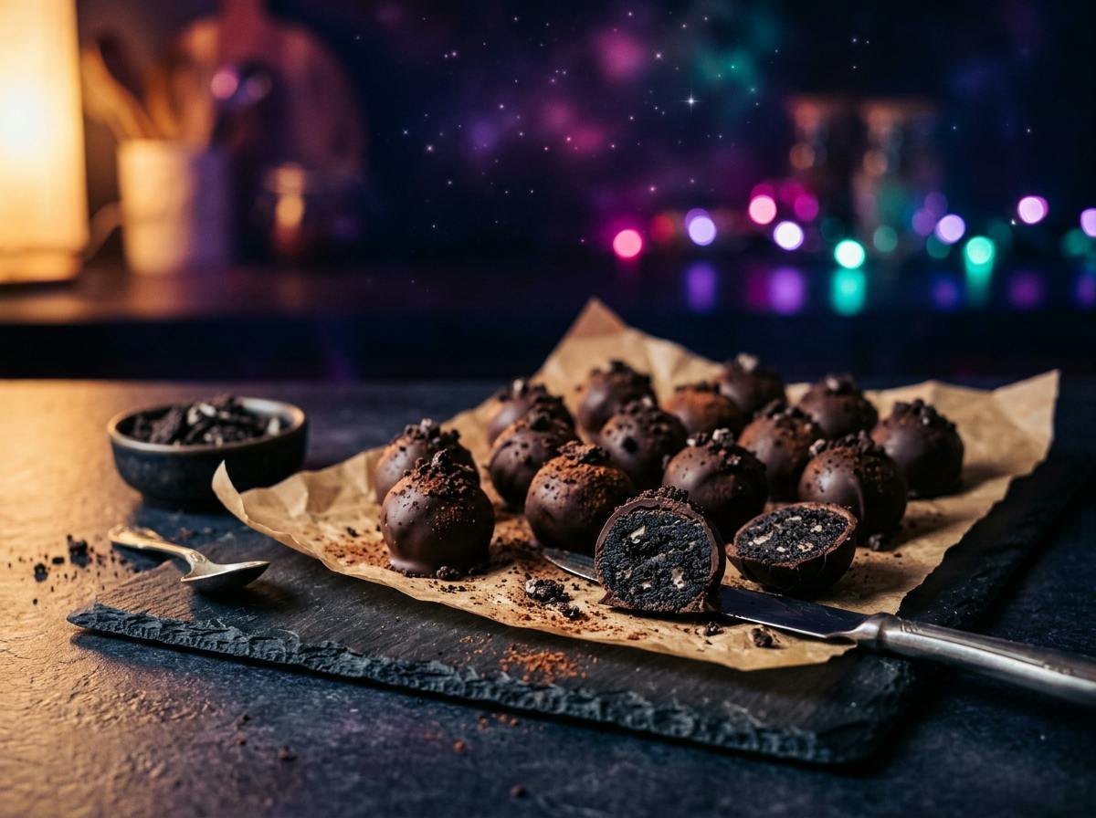 Chocolate-dipped Oreo truffle balls on parchment, one cut open showing the cookies and cream center