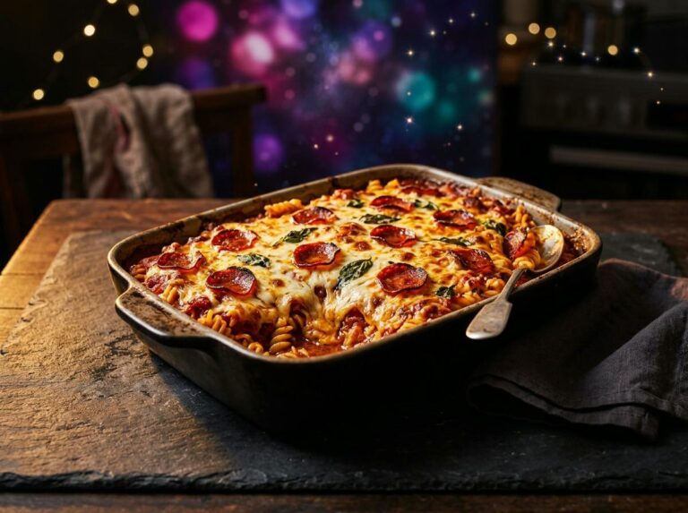 A bubbling pizza pasta casserole with melted mozzarella and pepperoni slices on top in a baking dish