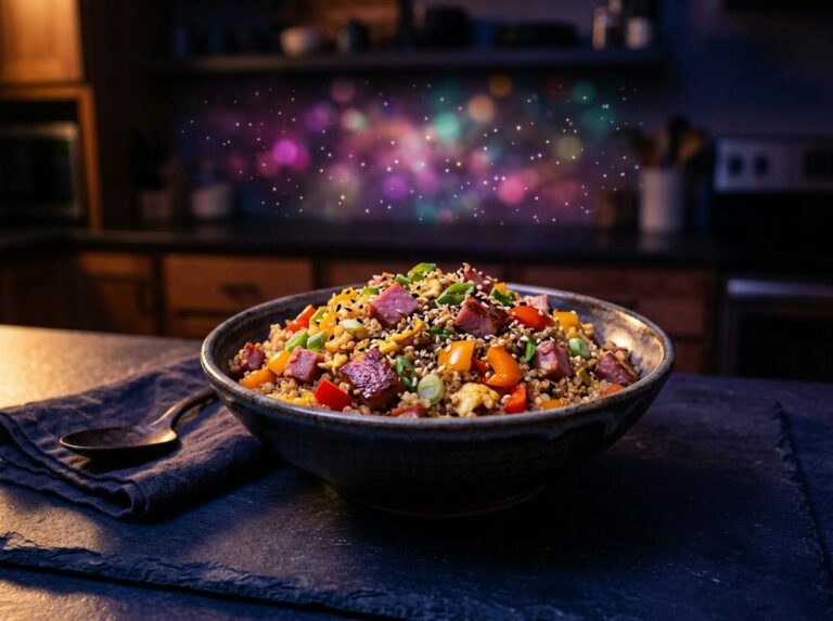 A bowl of pork fried quinoa with diced smoked ham, colorful bell peppers, green onions and sesame seeds
