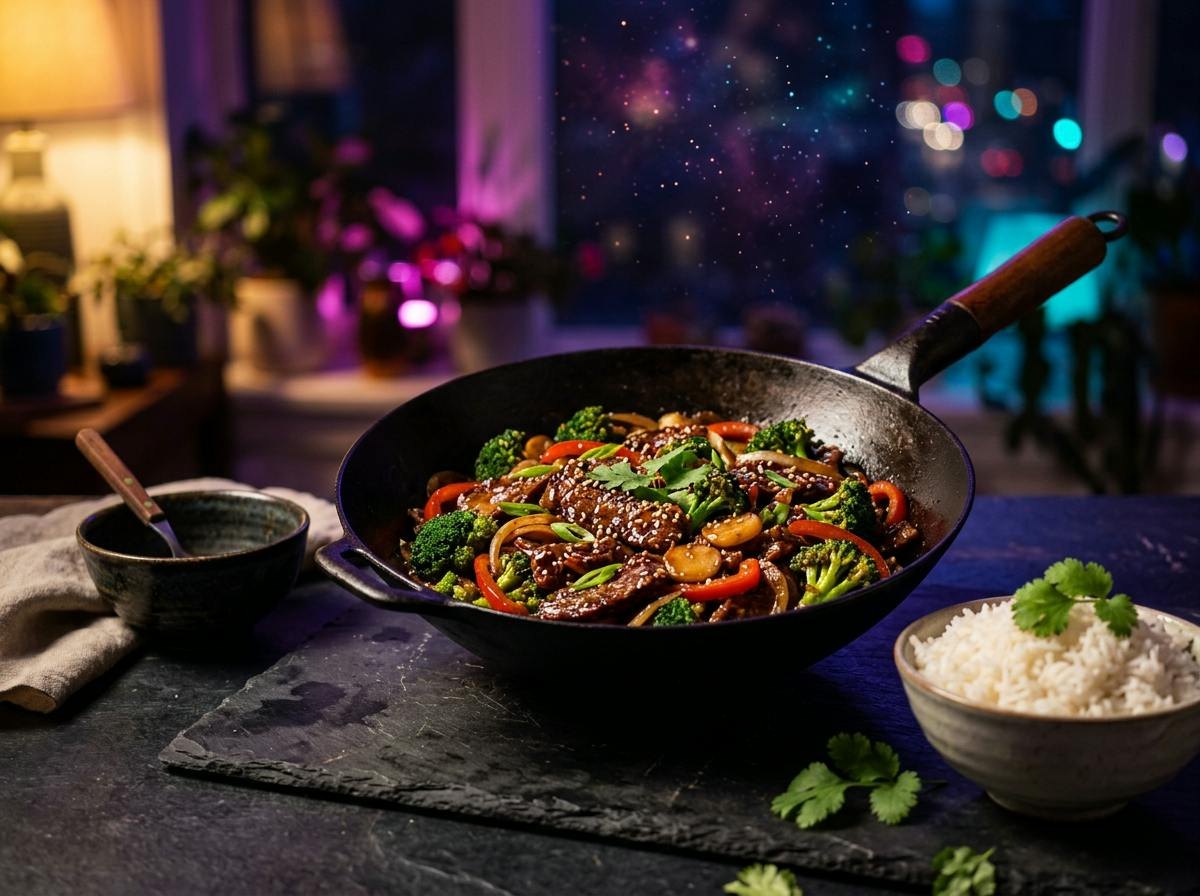 Beef and broccoli stir fry glistening with soy glaze in a wok, served with white rice and cilantro