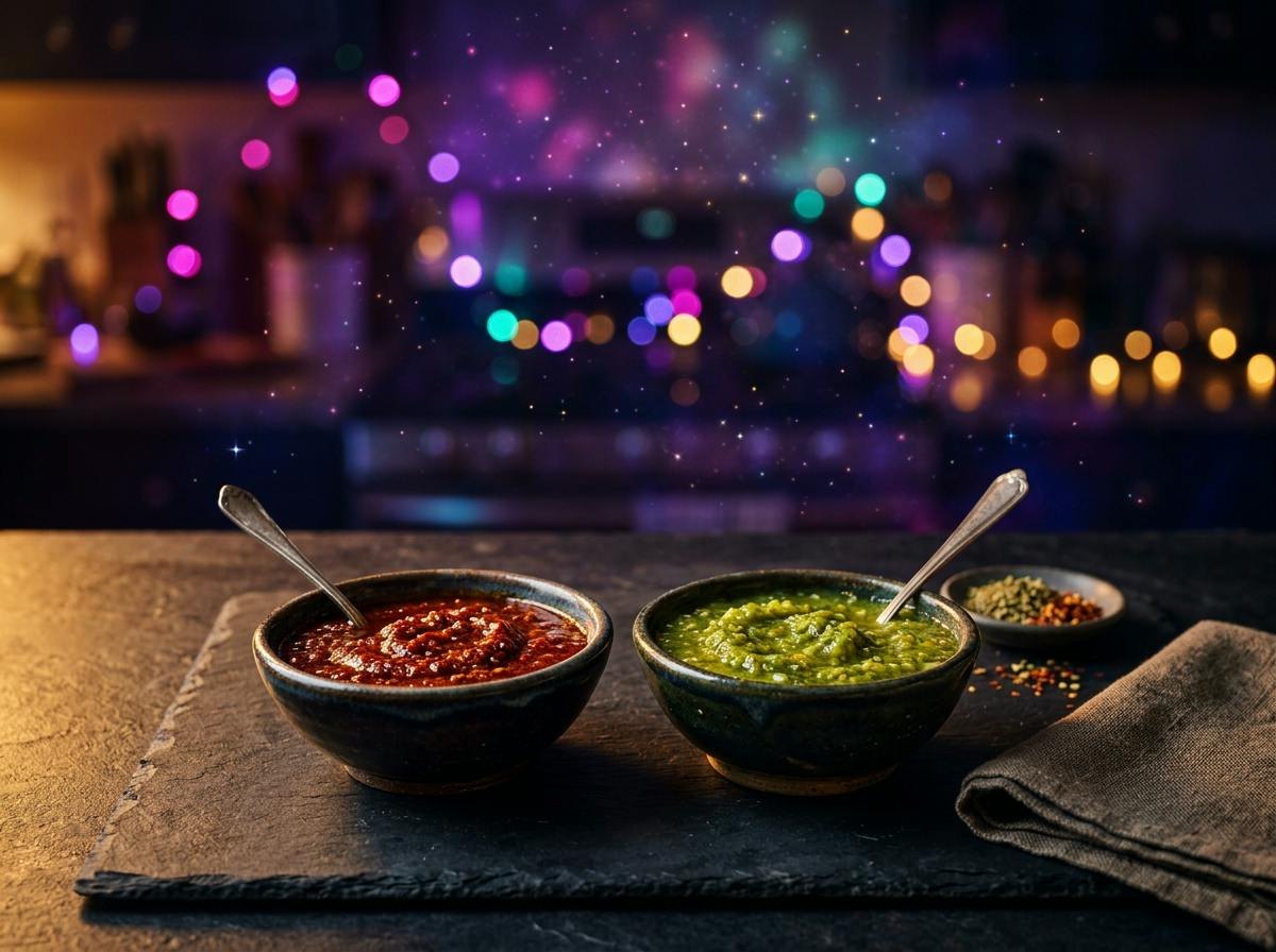 Two small bowls of New Mexico chile sauce side by side, one deep red and one green, on a rustic table