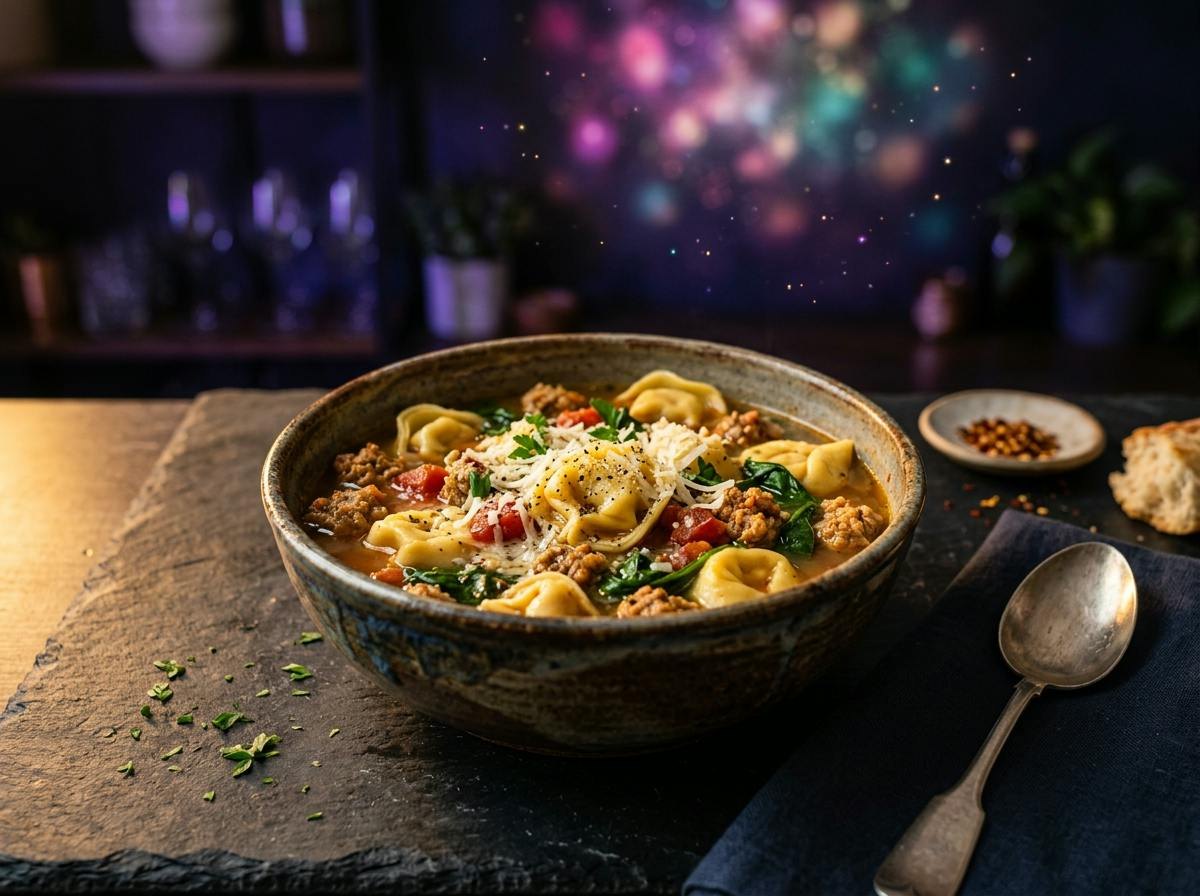 A rustic bowl of tortellini soup with crumbled sausage, tomatoes and wilted spinach, parmesan on top