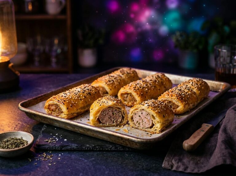 Golden flaky puff pastry sausage rolls sprinkled with sesame seeds on a baking sheet, one cut to show the pork filling