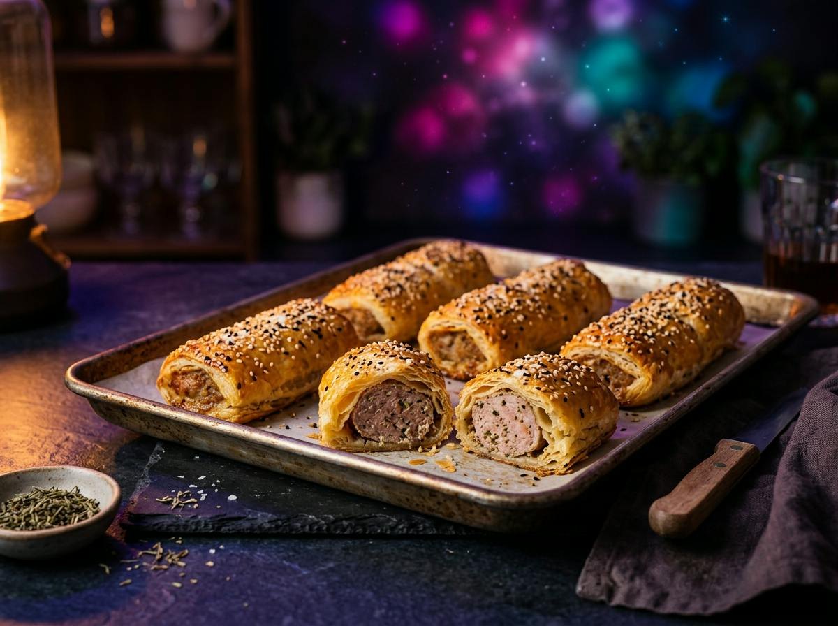 Golden flaky puff pastry sausage rolls sprinkled with sesame seeds on a baking sheet, one cut to show the pork filling