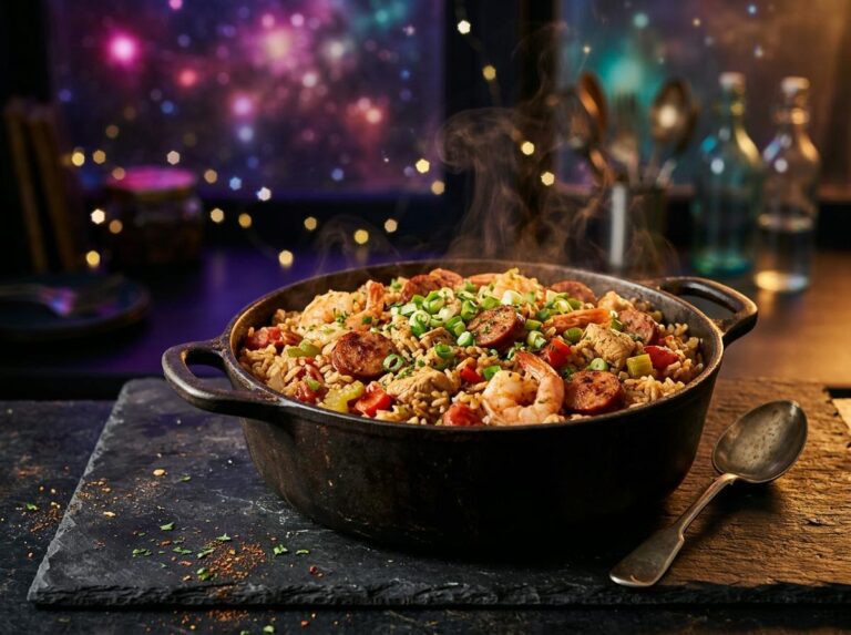 A steaming pot of sausage and shrimp jambalaya with brown rice, sliced andouille, pink shrimp and green onions