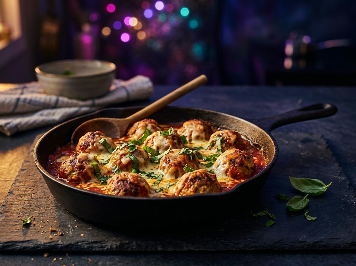 A cast iron skillet of mozzarella-stuffed turkey meatballs simmering in marinara, topped with melted cheese and basil
