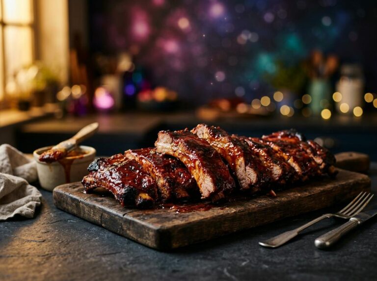 A rack of sticky, glossy slow-cooked barbecue pork ribs cut into portions, dark red barbecue glaze, on a wooden board