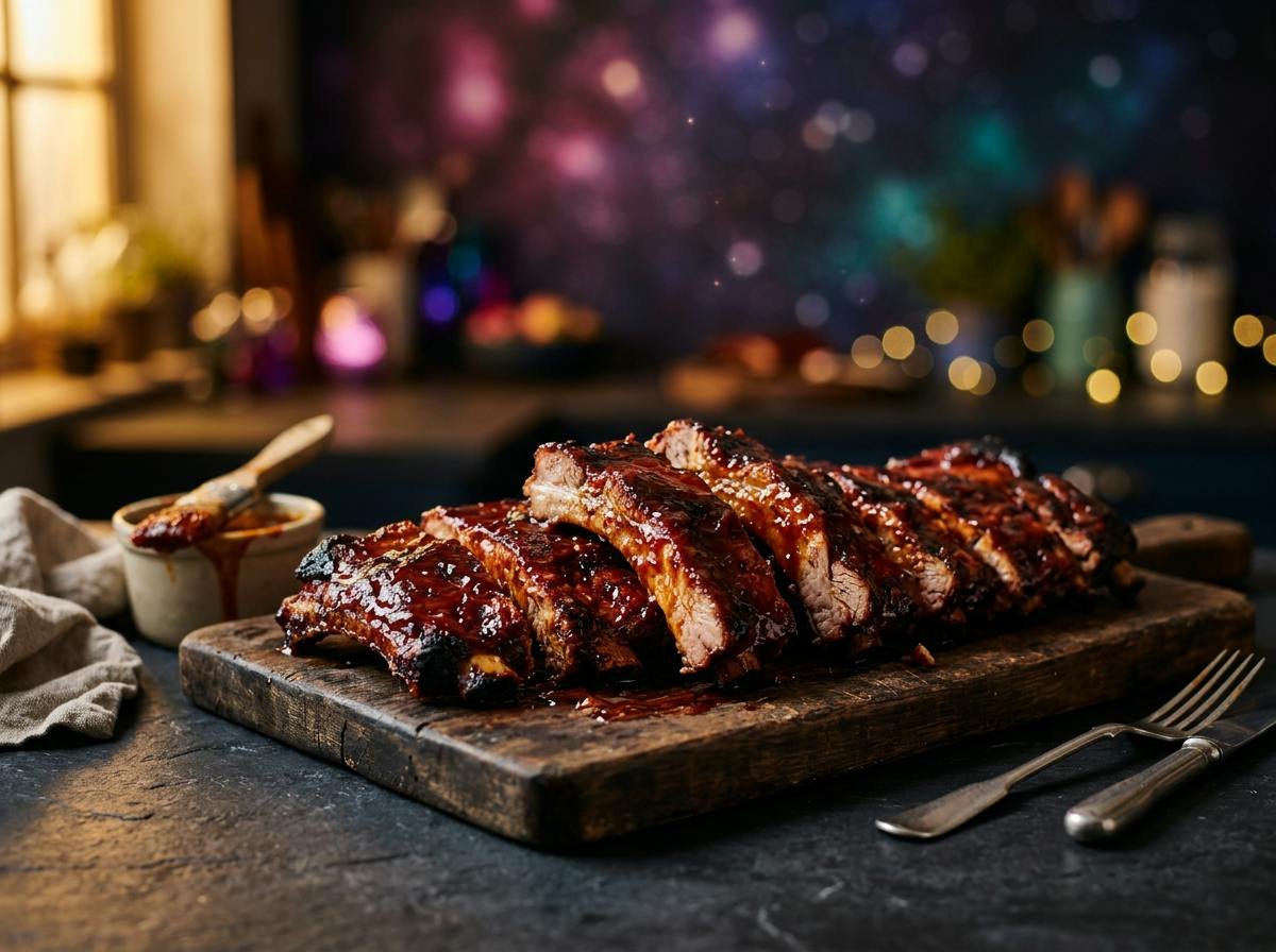 A rack of sticky, glossy slow-cooked barbecue pork ribs cut into portions, dark red barbecue glaze, on a wooden board