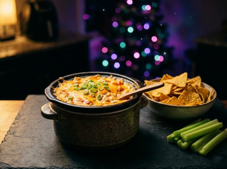 A creamy orange buffalo chicken dip topped with melted cheddar and scallions in a small slow cooker with tortilla chips and celery