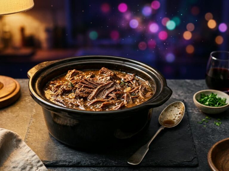 A tender shredded slow-cooked beef chuck roast in a rich buttery gravy in a ceramic slow cooker crock