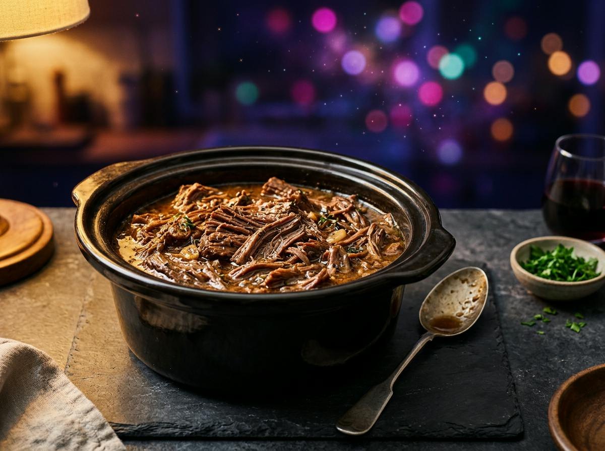 A tender shredded slow-cooked beef chuck roast in a rich buttery gravy in a ceramic slow cooker crock