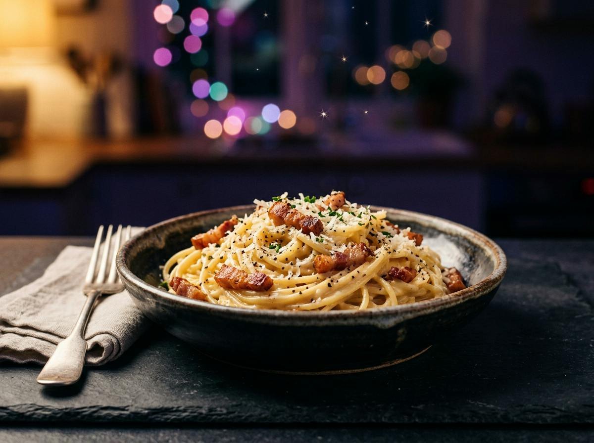 A bowl of creamy spaghetti carbonara with crispy bacon pieces, black pepper and grated parmesan