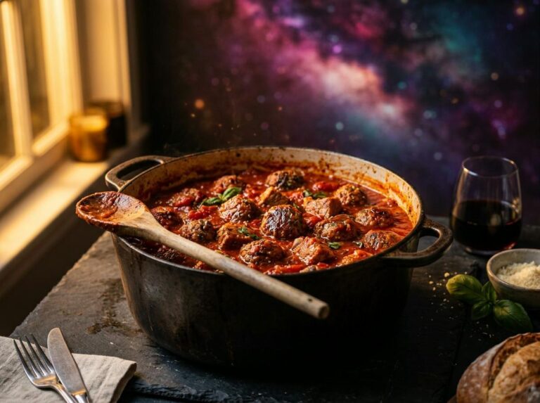 A big pot of rich homemade red spaghetti sauce with meatballs and tender pork, a wooden spoon resting on the rim